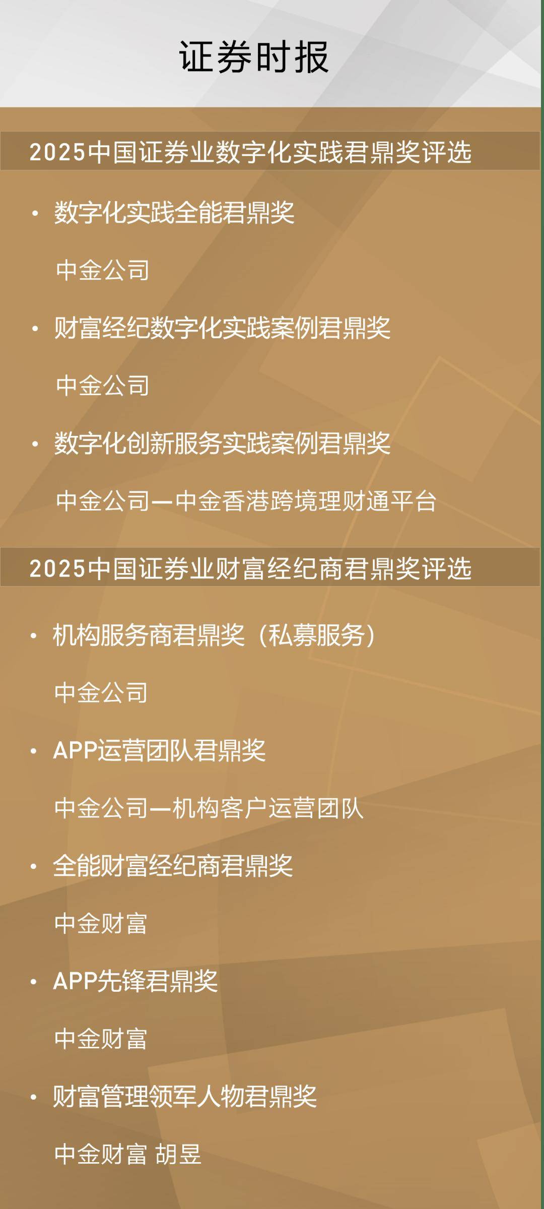 中金荣誉 | 中金荣获《证券时报》2025中国证券业君鼎奖多项重磅大奖